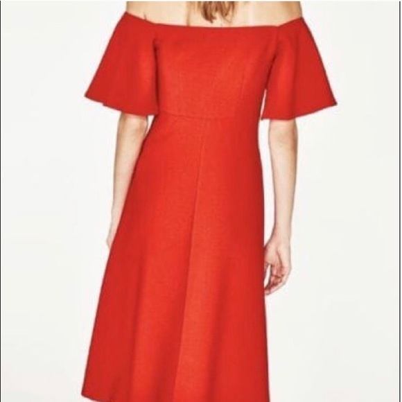 Zara Red Midi Off-the-Shoulder Jersey Dress Size Small - Picture 3 of 9
